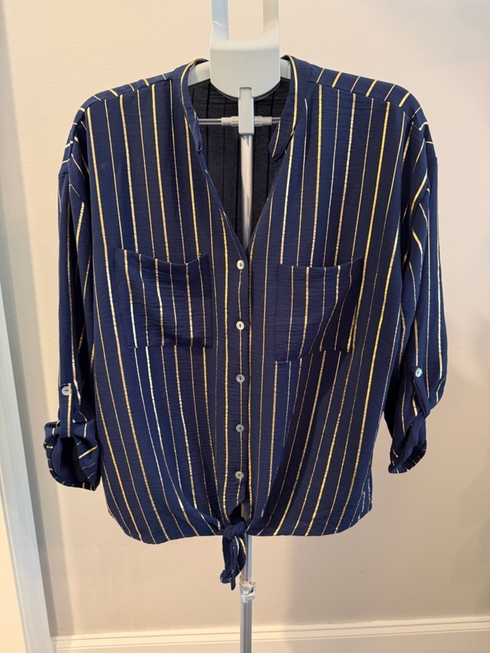 Good Days Only Navy Gold Striped Button-Front Shirt with Front Tie